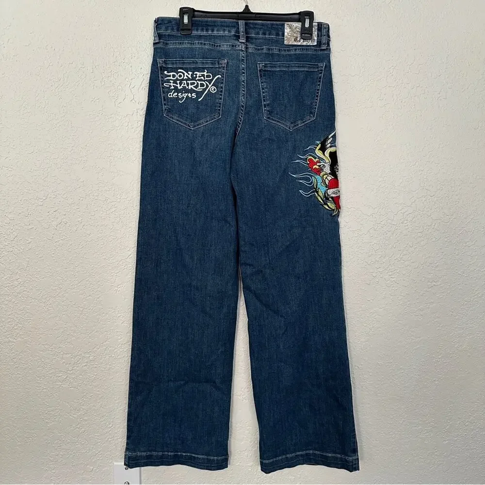 Ed Hardy Y2K Wide Leg Embroidered Logo Jeans 28